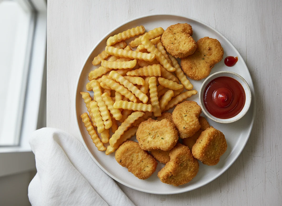 Chicken Nuggets mit Pommes Frites und Ketchup photo