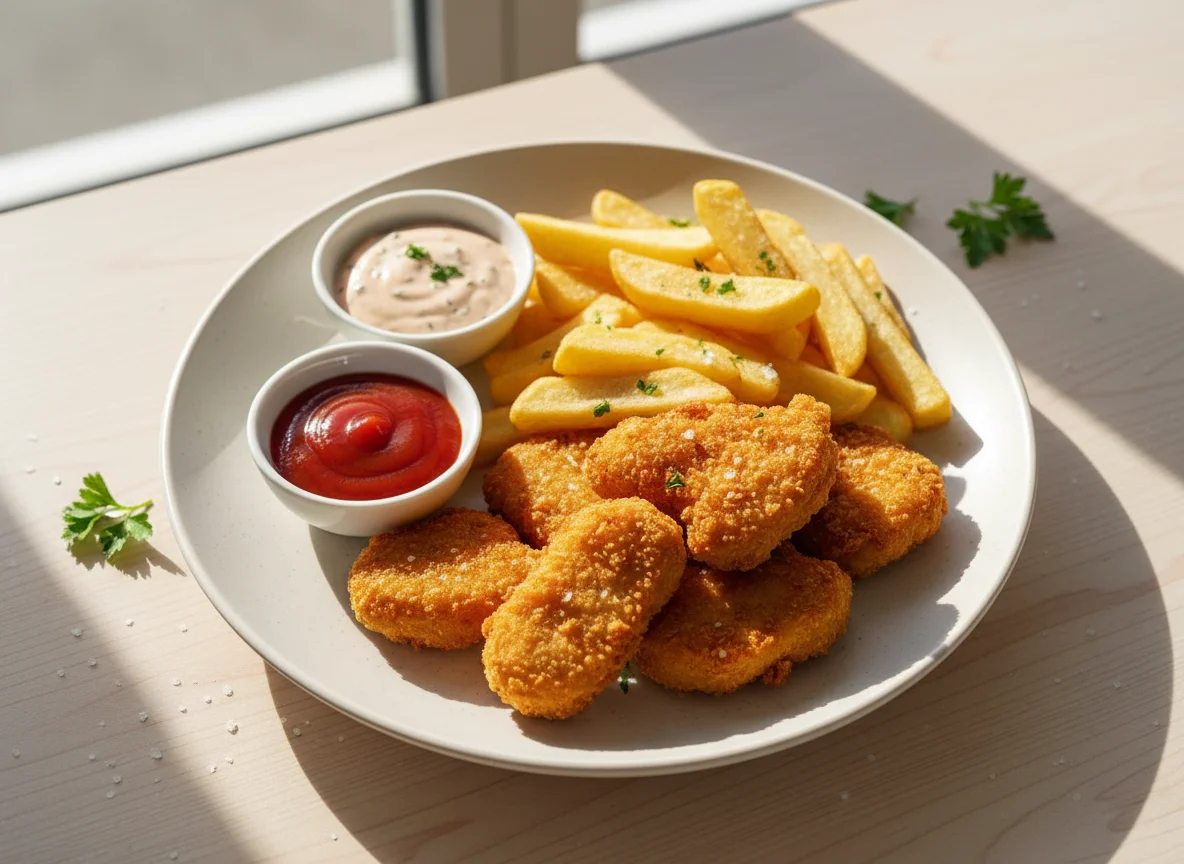 Chicken Nuggets mit Pommes Frites und Saucen photo