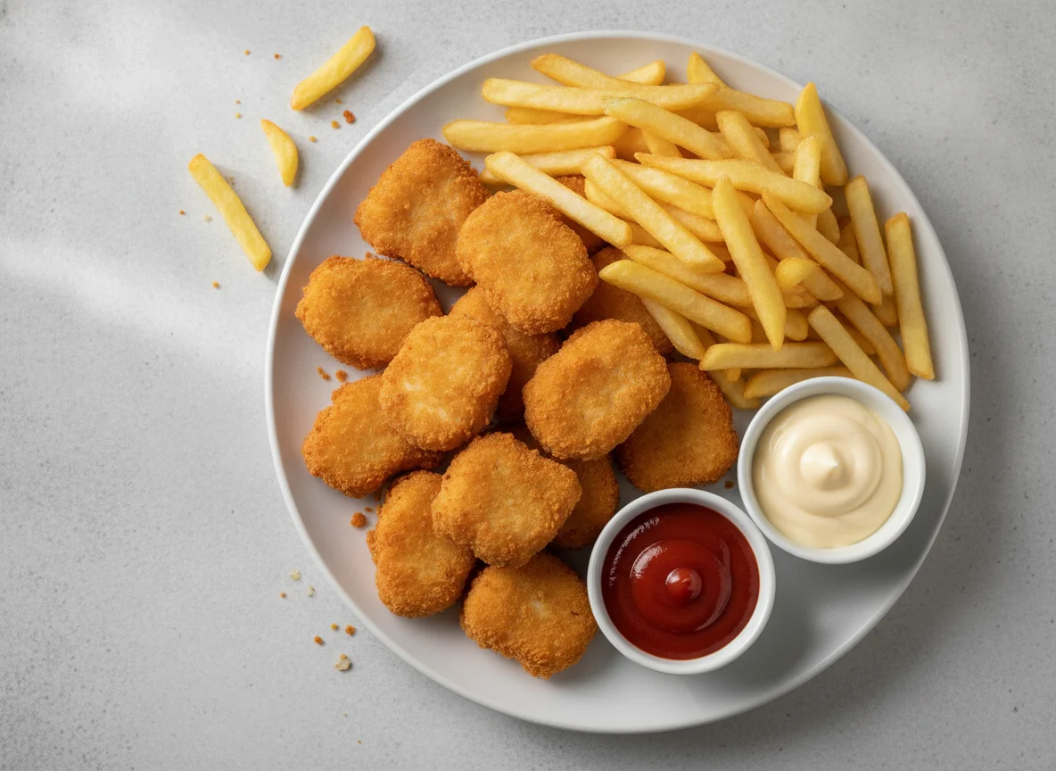 Chicken Nuggets mit Pommes, Ketchup und Mayonnaise photo
