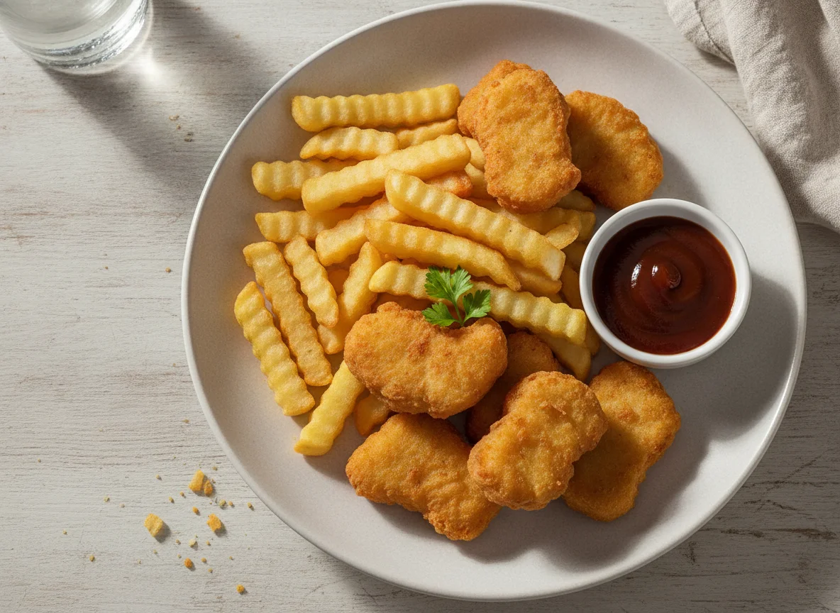 Chicken Nuggets mit Pommes und BBQ-Sauce photo