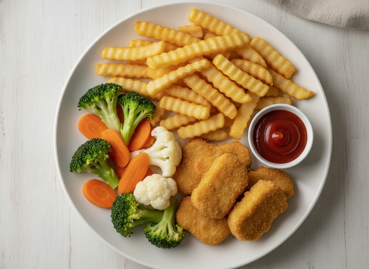 Chicken Nuggets mit Pommes und Gemüse photo