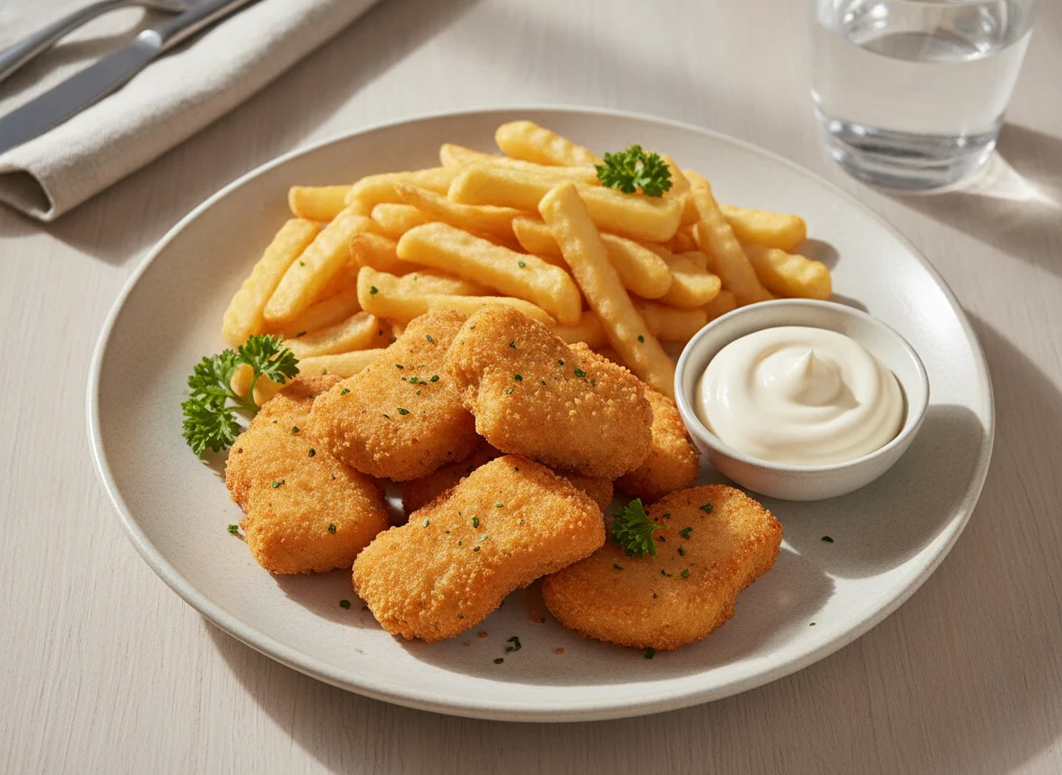 Chicken Nuggets mit Pommes und Mayonnaise photo