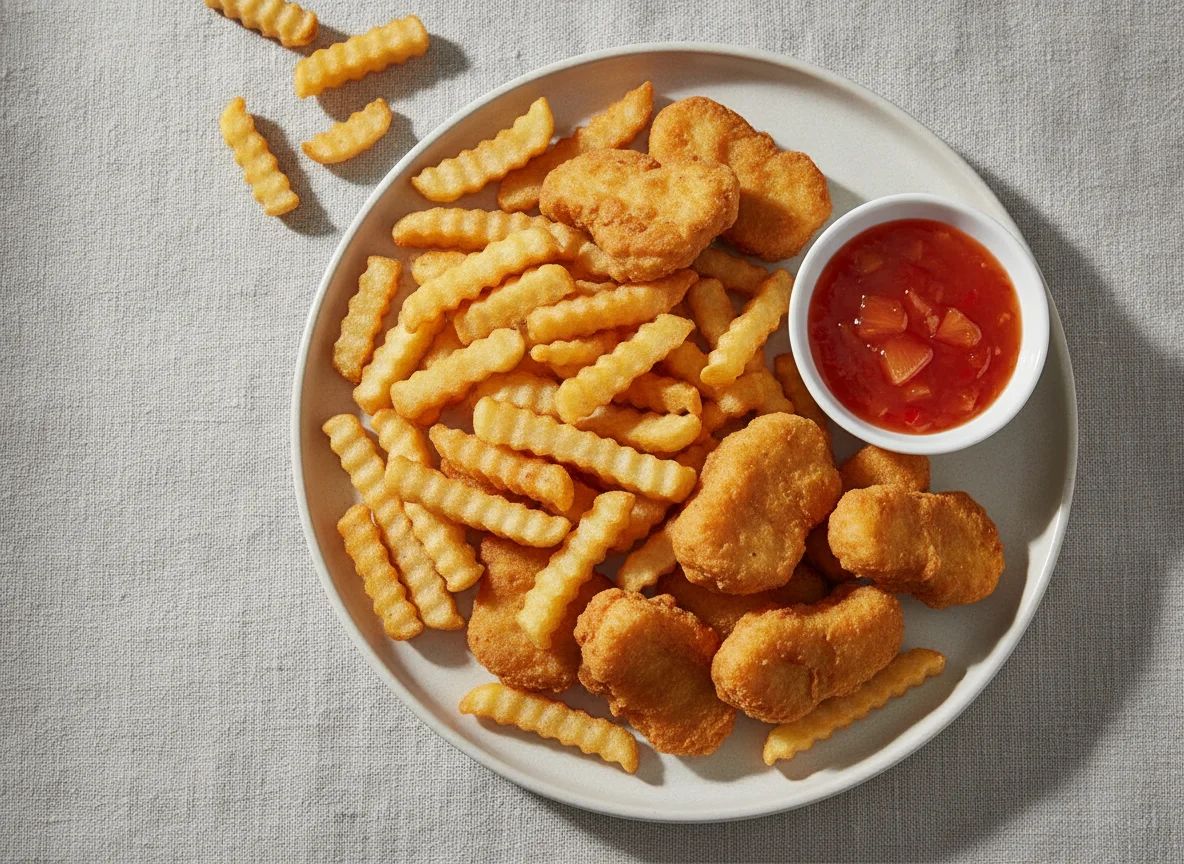Chicken Nuggets mit Pommes und Süß-Sauer-Sauce photo