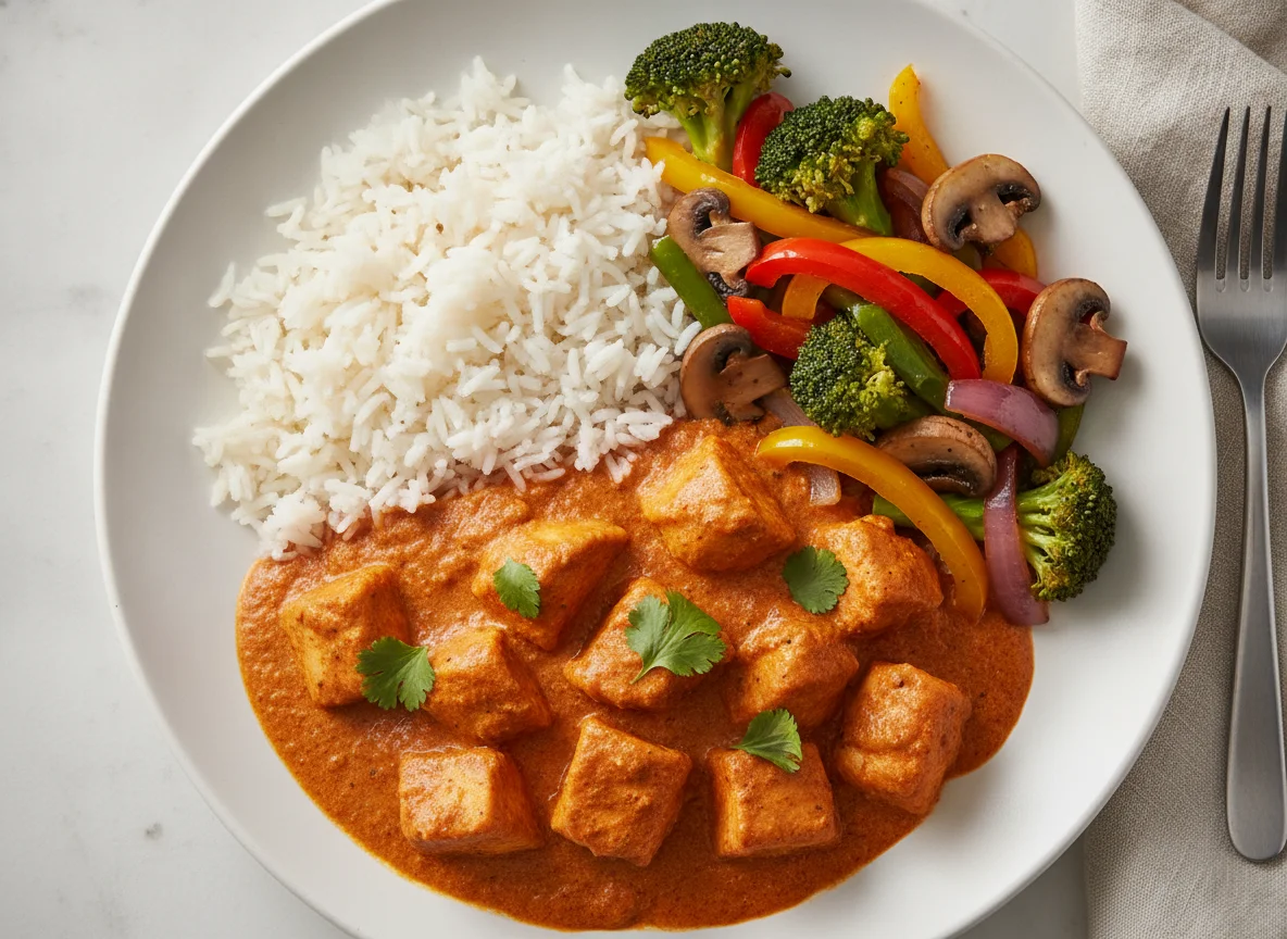 Chicken Tikka Masala mit Reis und Gemüse photo