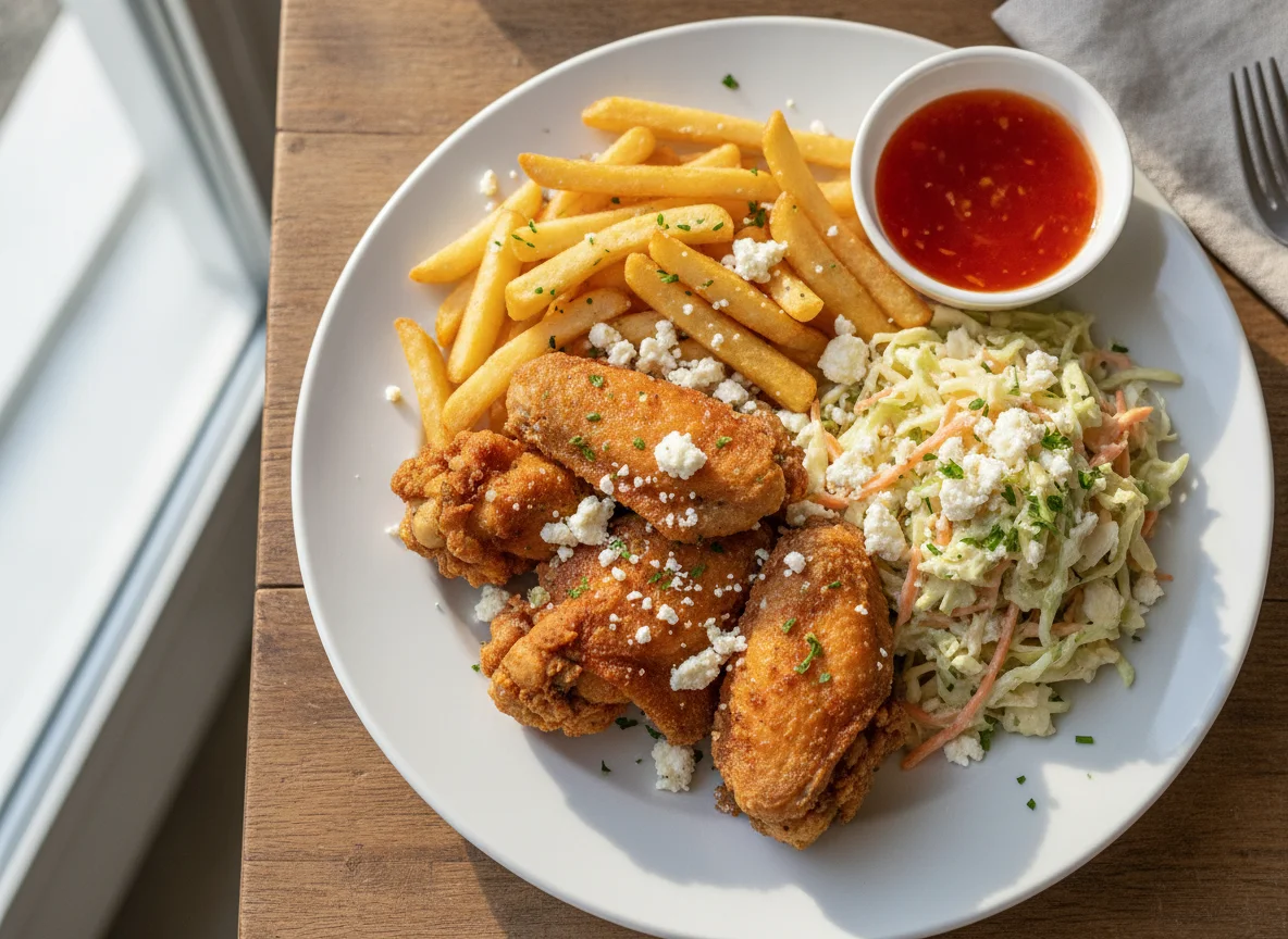 Chicken Wings mit Pommes und Krautsalat photo