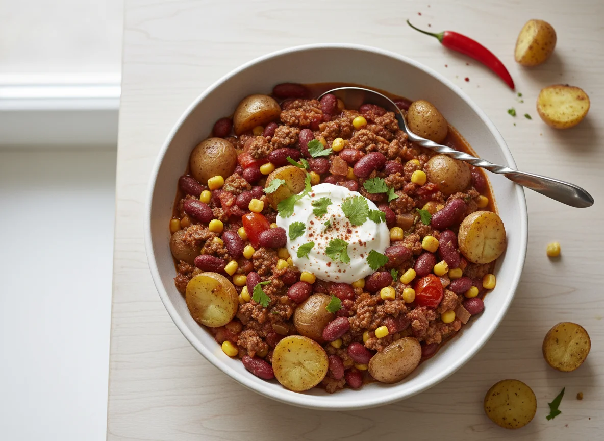 Chili con Carne mit Kartoffeln und Sauerrahm photo