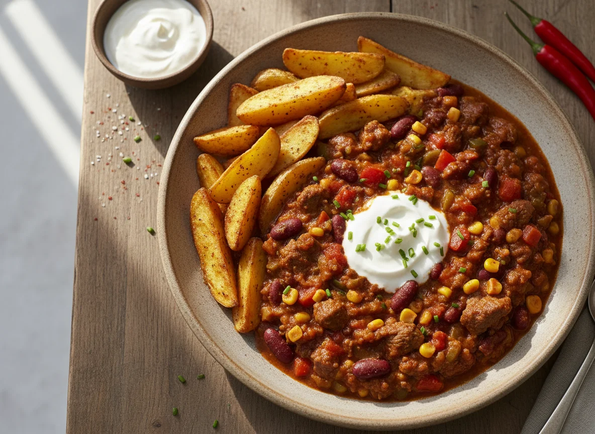 Chili con Carne mit Kartoffelspalten und Sour Cream photo