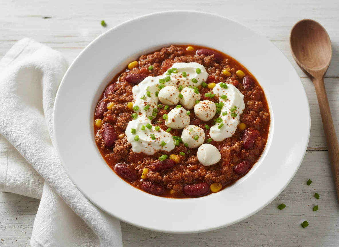 Chili con Carne mit Mozzarella und Sauerrahm photo