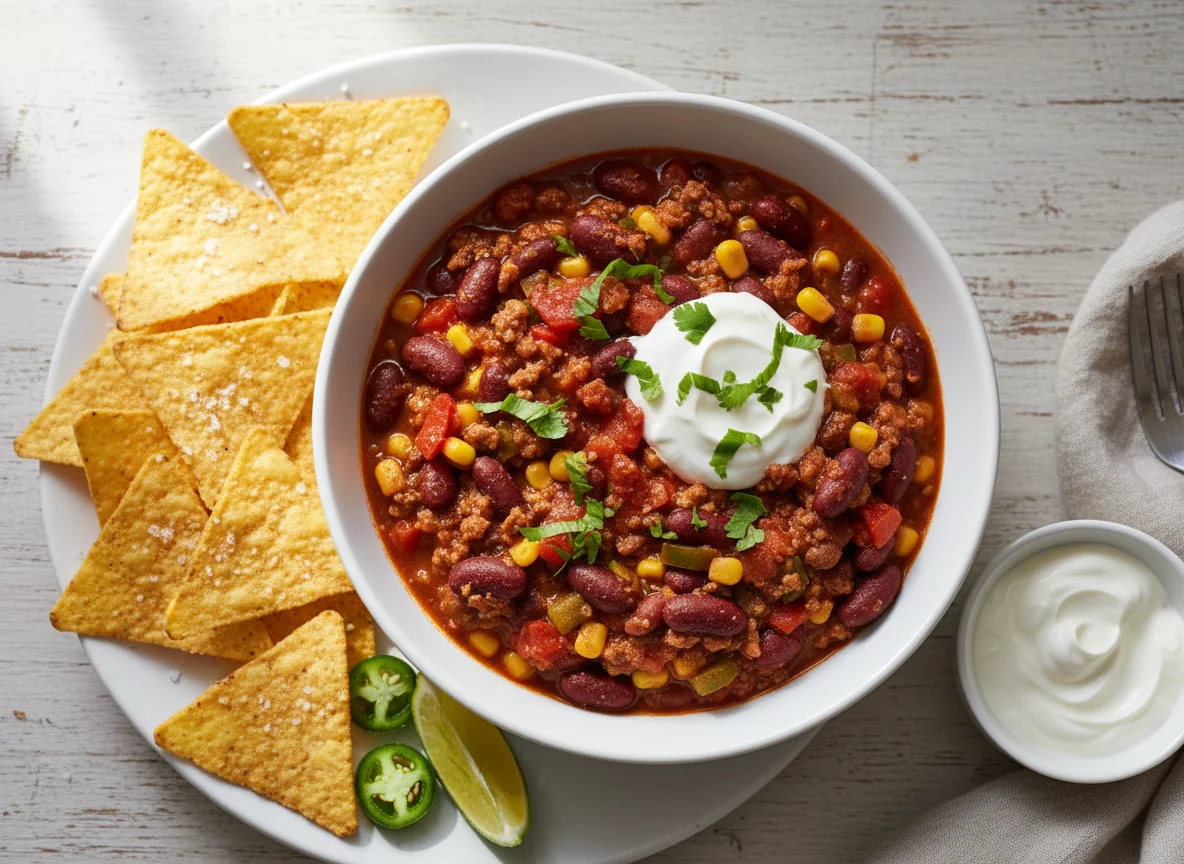 Chili con Carne mit Nachos und Sauerrahm photo