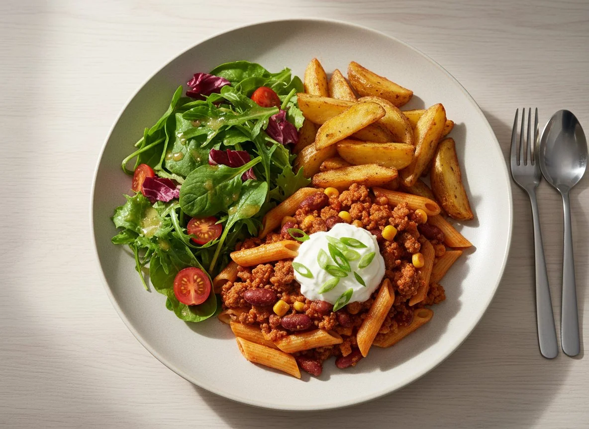 Chili con Carne mit Nudeln, Kartoffeln und Salat photo