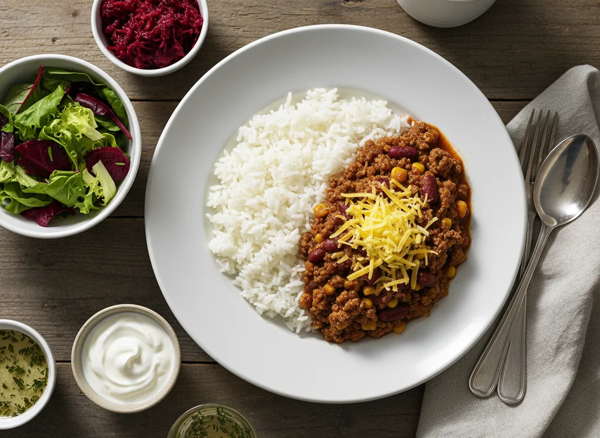 Chili con Carne mit Reis, Käse, Rote Bete Salat und Blattsalat photo