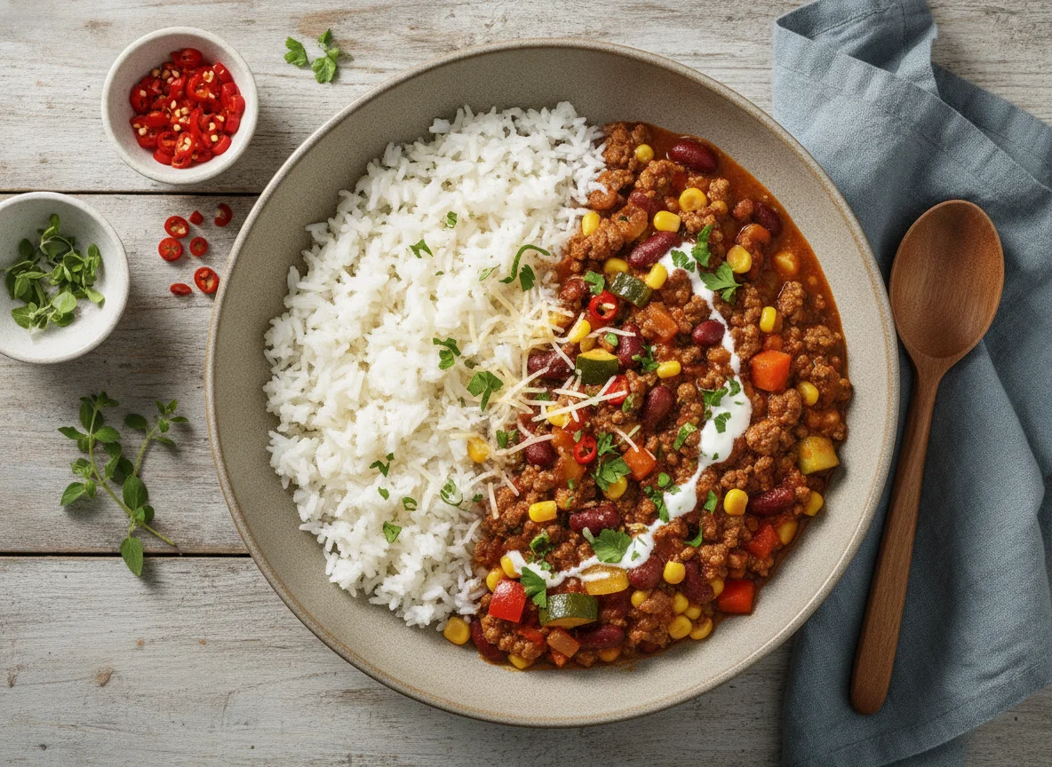 Chili con Carne mit Reis und Gemüse photo