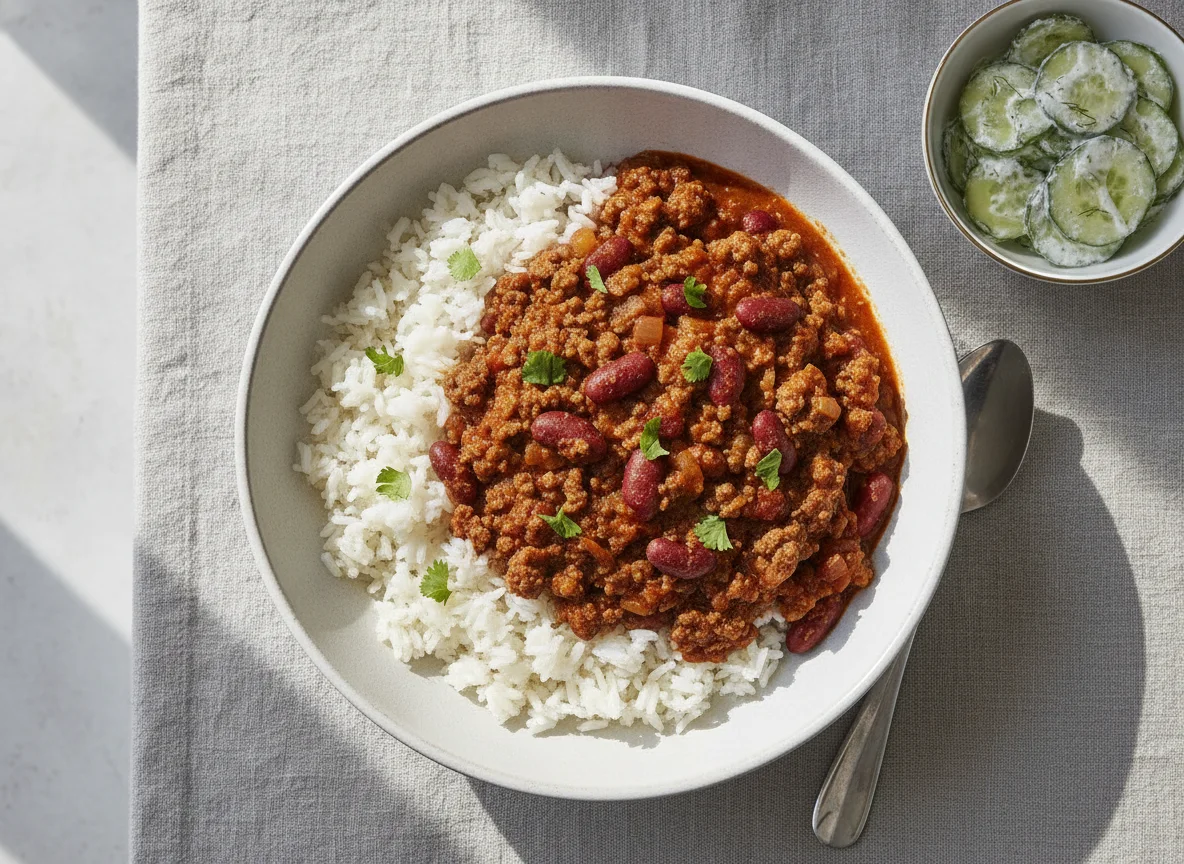 Chili con Carne mit Reis und Gurkensalat photo