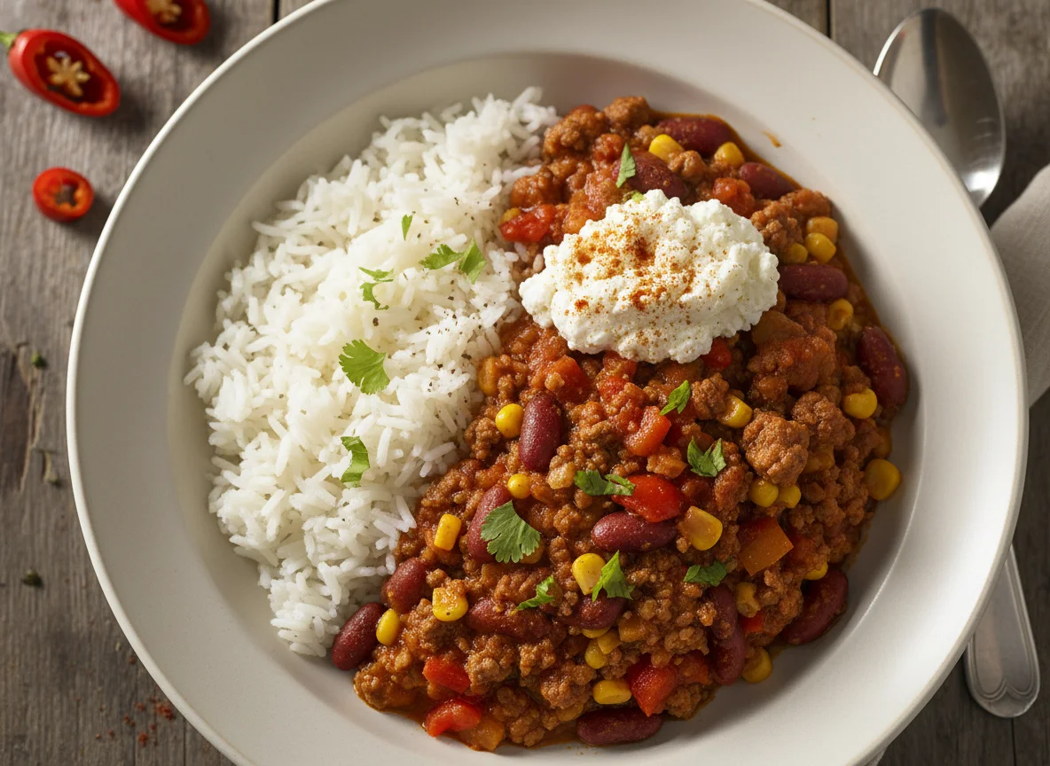 Chili con Carne mit Reis und Hüttenkäse photo