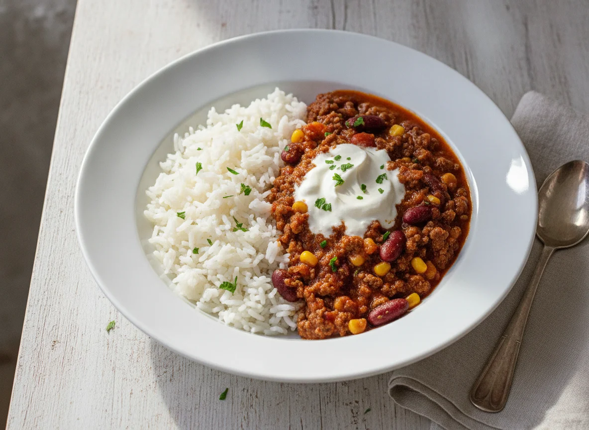 Chili con Carne mit Reis und Sahne photo