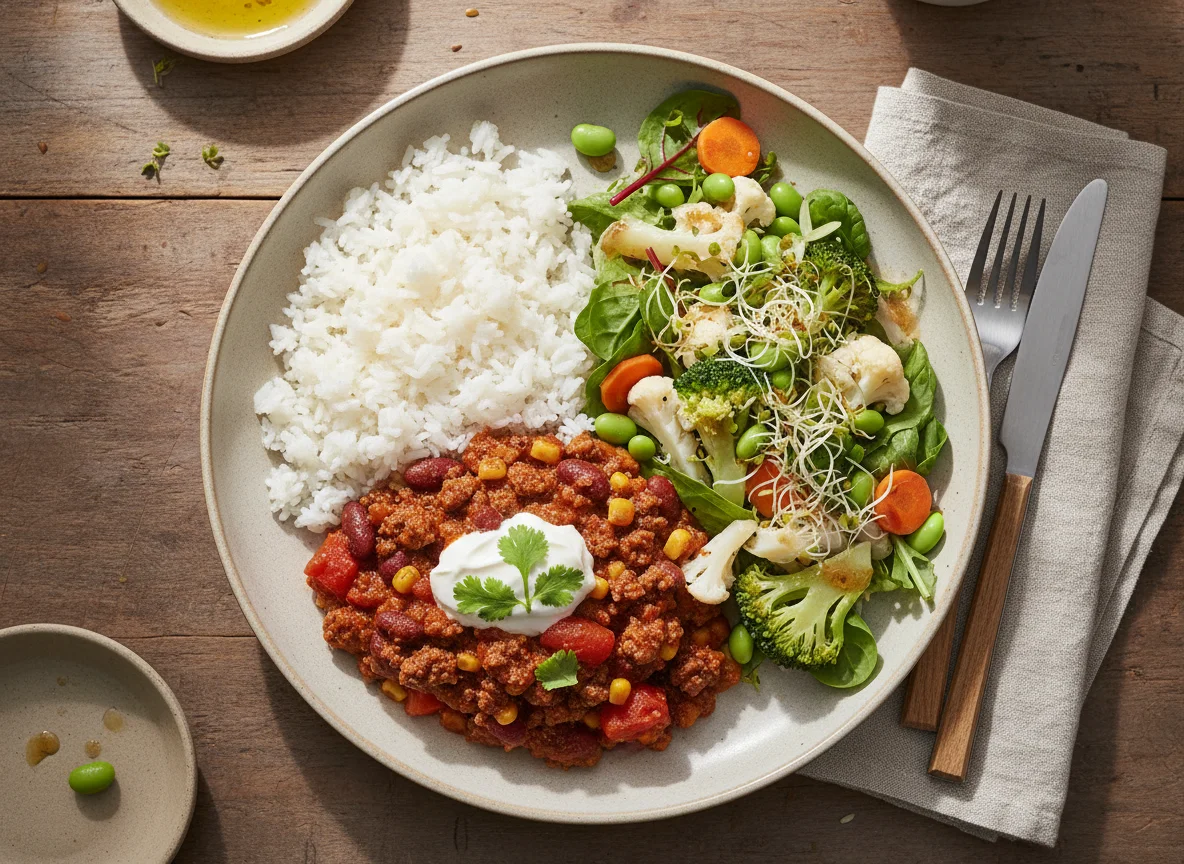 Chili con Carne mit Reis und Salat photo