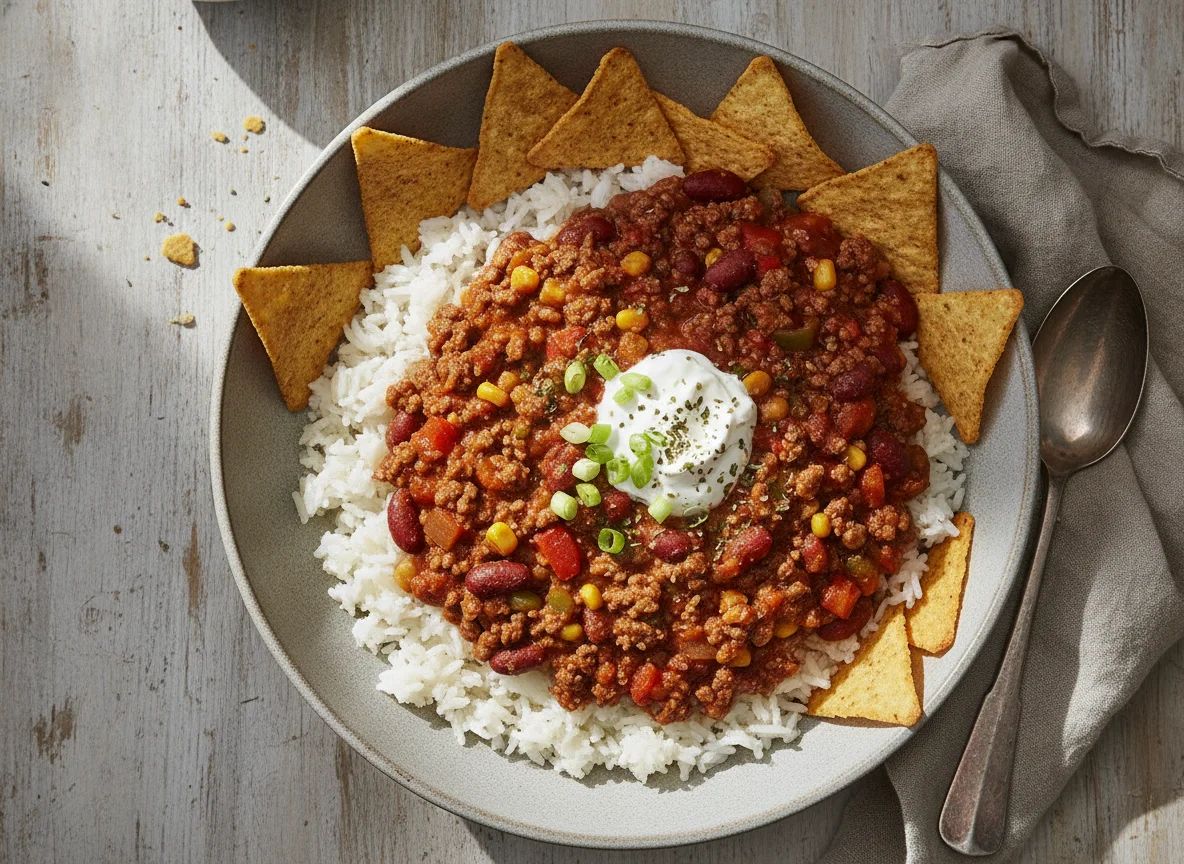 Chili con Carne mit Reis und Tortilla-Chips photo