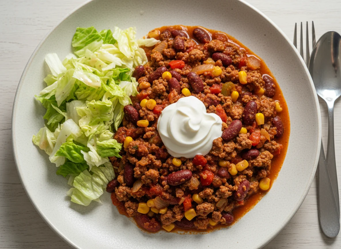 Chili con Carne mit Sauerrahm und Salat photo