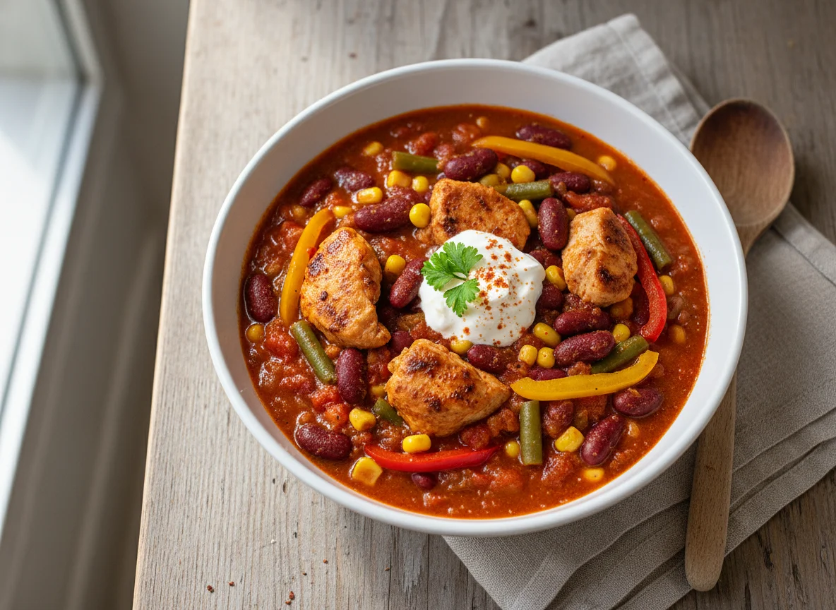 Chili mit Bohnen, Mais und grünen Bohnen photo