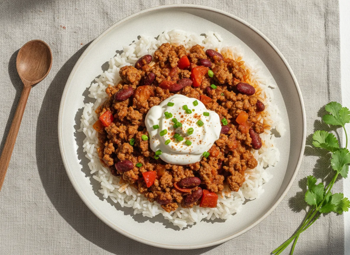 Chili Reis mit Rinderhack und Sauerrahm photo