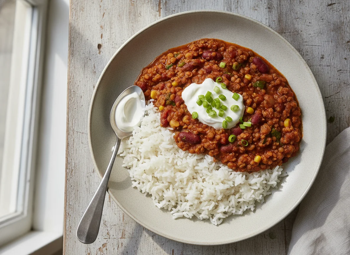 Chili sin Carne mit Reis und Sauerrahm photo