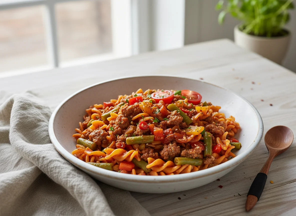 Chili-Nudeln mit Hackfleisch und Bohnen photo