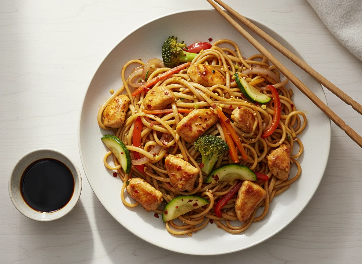 Chinesische Nudeln mit Poulet und Gemüse und Sojasauce photo