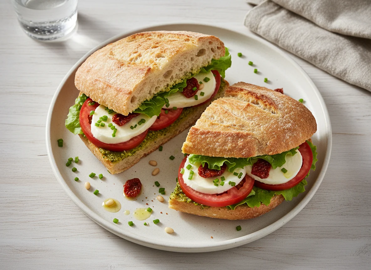 Ciabatta mit Mozzarella, Tomate und Pesto photo