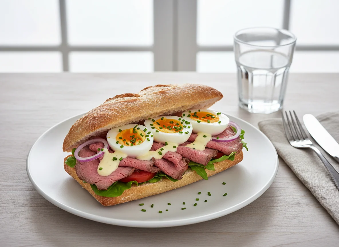 Ciabatta mit Roastbeef und Ei photo