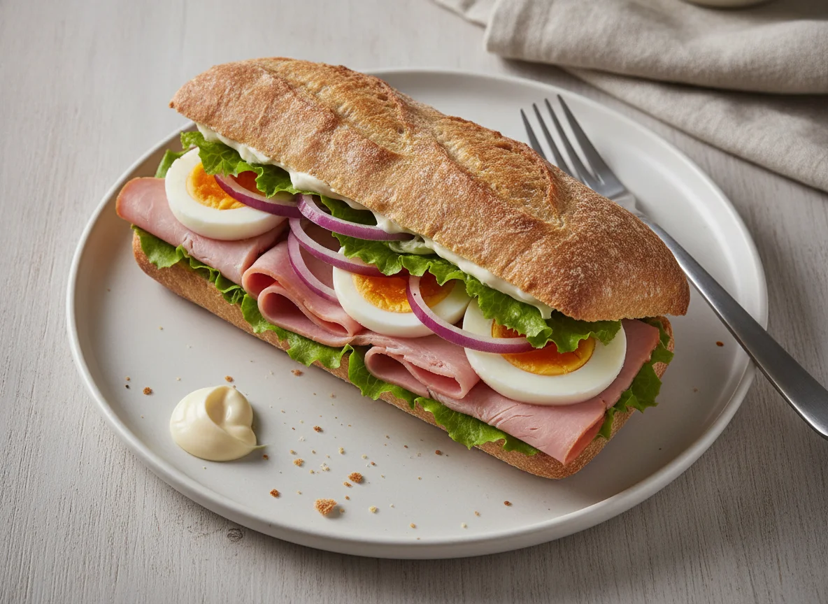 Ciabatta-Sandwich mit Ei und Schinken photo