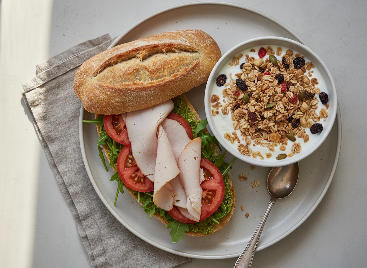 Ciabatta-Sandwich mit Joghurt und Müsli photo