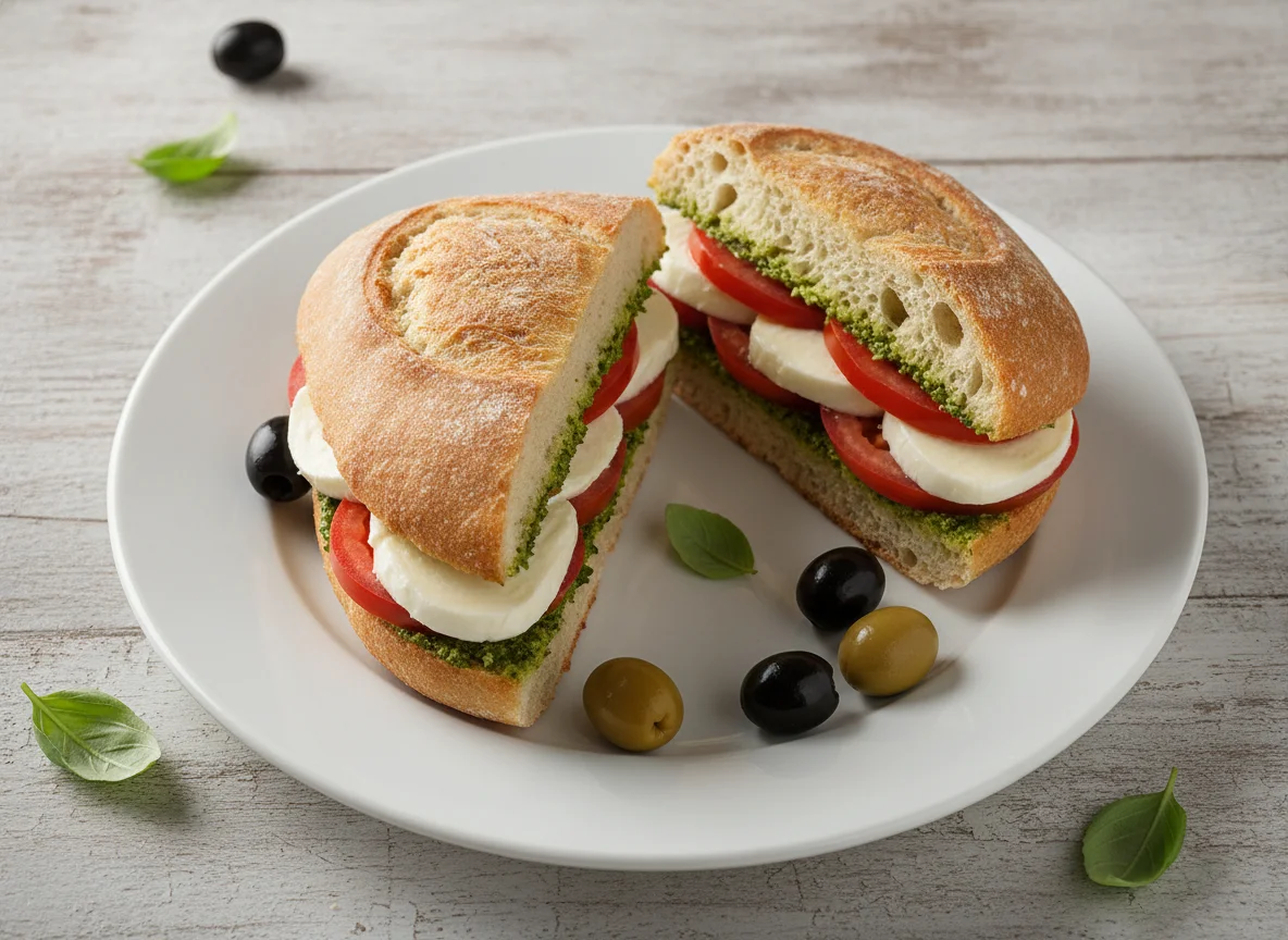 Ciabatta-Sandwich mit Mozzarella und Tomaten photo