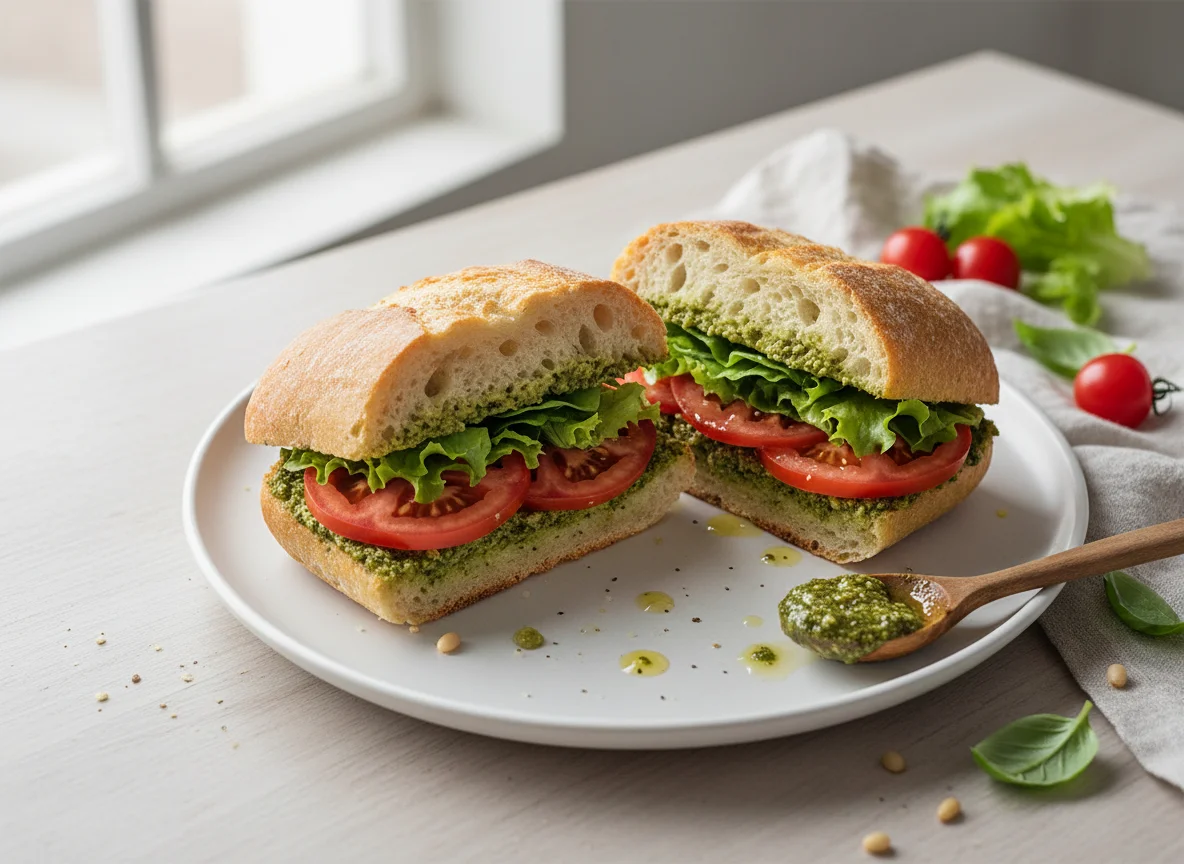 Ciabatta-Sandwich mit Pesto, Tomate und Salat photo