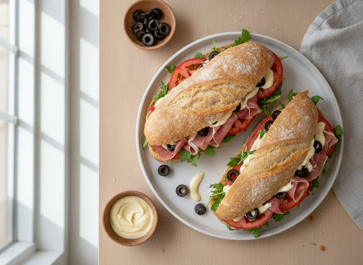 Ciabatta-Sandwich mit Prosciutto, Rucola und Tomate photo
