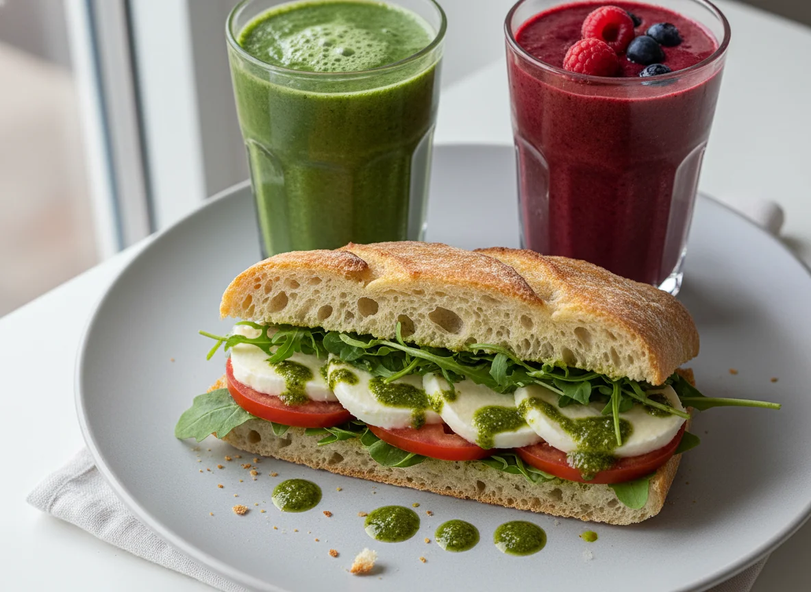 Ciabatta-Sandwich mit Smoothie photo
