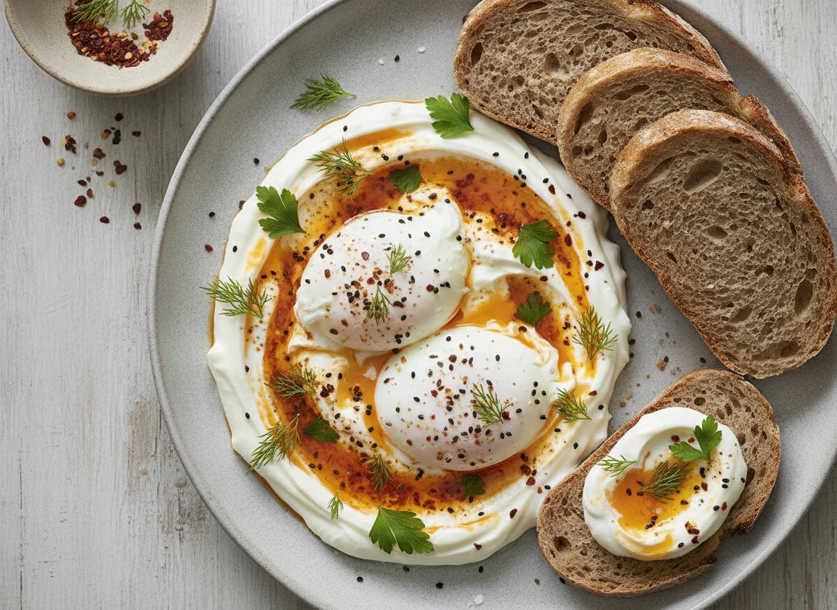 Cilbir (Türkische Eier) mit Sauerteigbrot photo