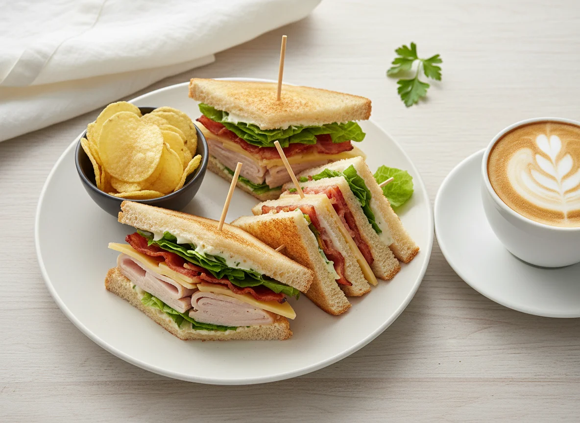 Club Sandwich mit Chips und Kaffee photo