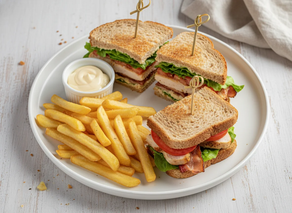 Club Sandwich mit Pommes Frites photo