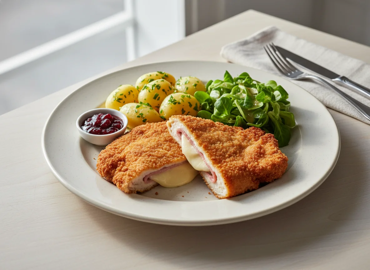 Cordon bleu mit Petersilkartoffeln und Preiselbeeren photo