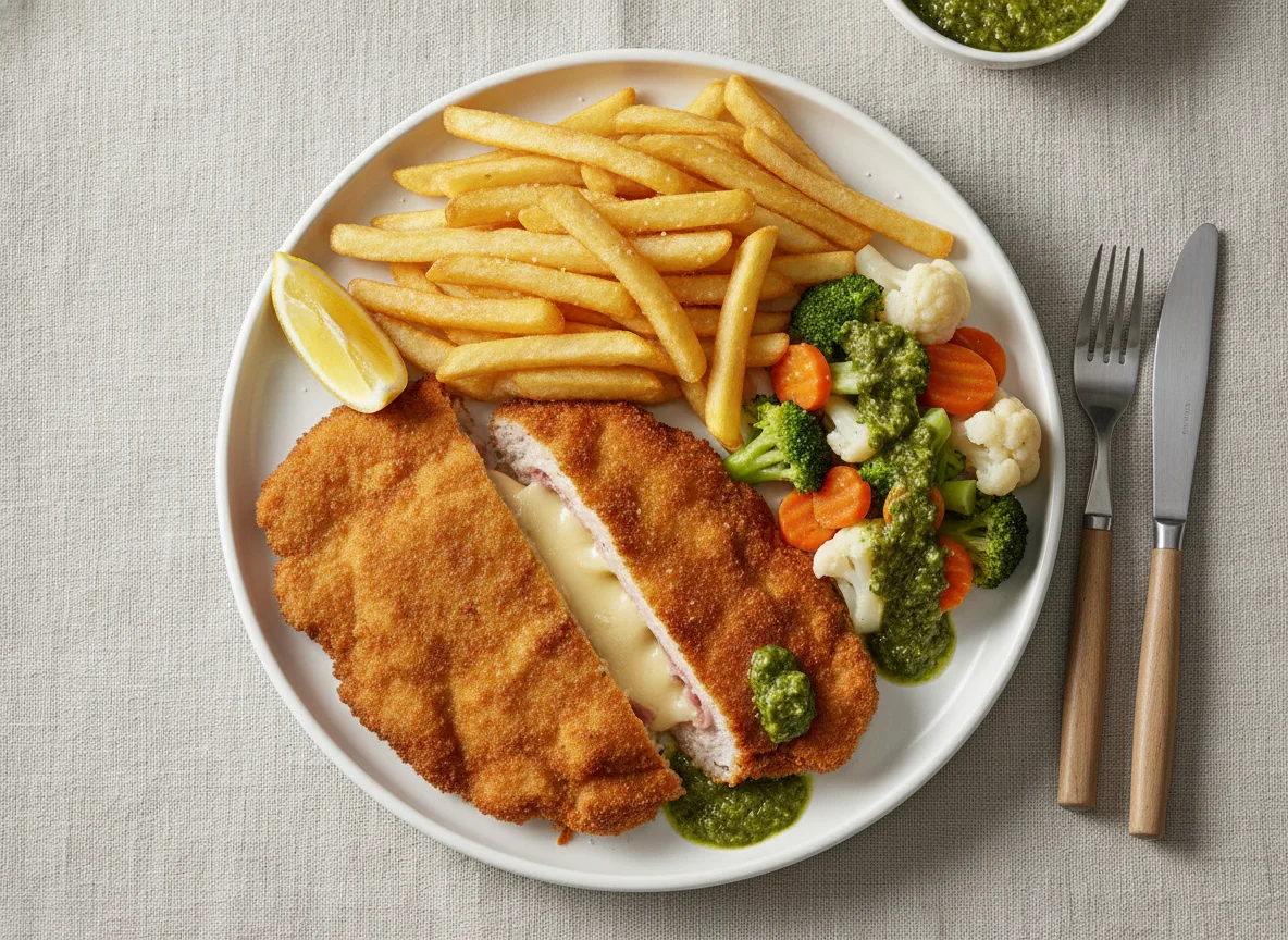 Cordon bleu mit Pommes frites und Gemüse photo