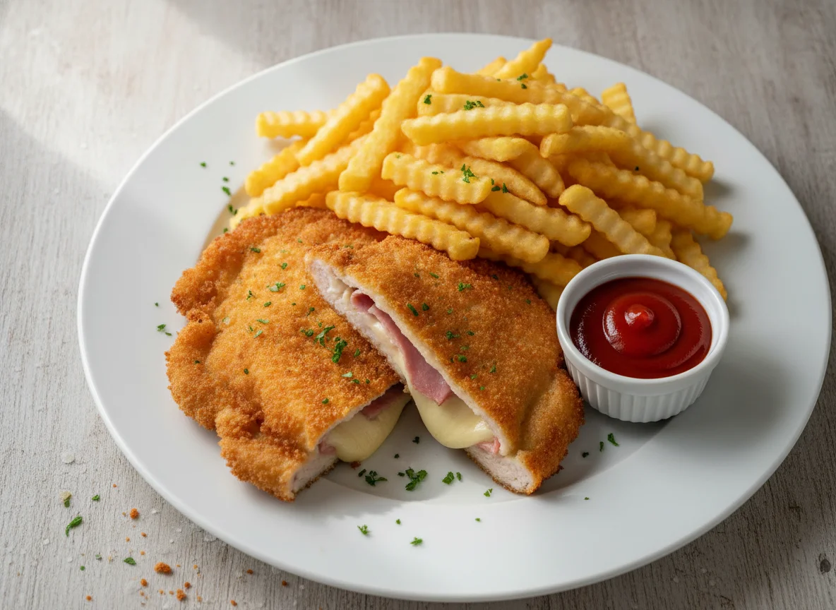 Cordon Bleu mit Pommes und Ketchup photo