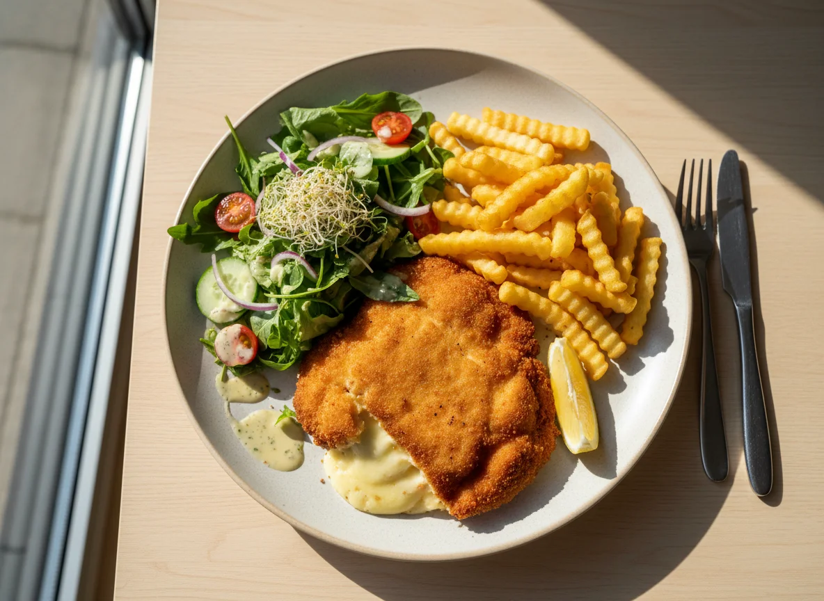 Cordon Bleu mit Pommes und Salat photo
