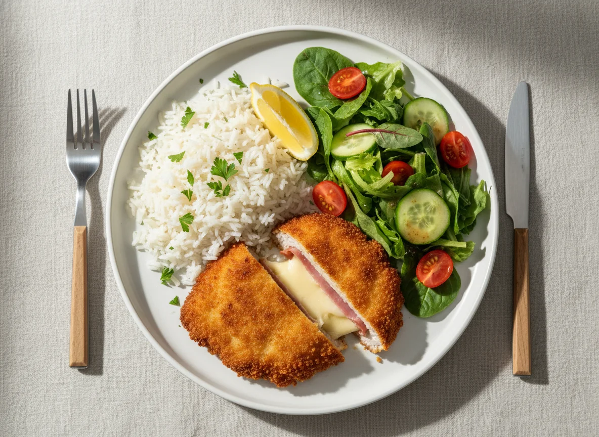 Cordon Bleu mit Reis und Beilagensalat photo