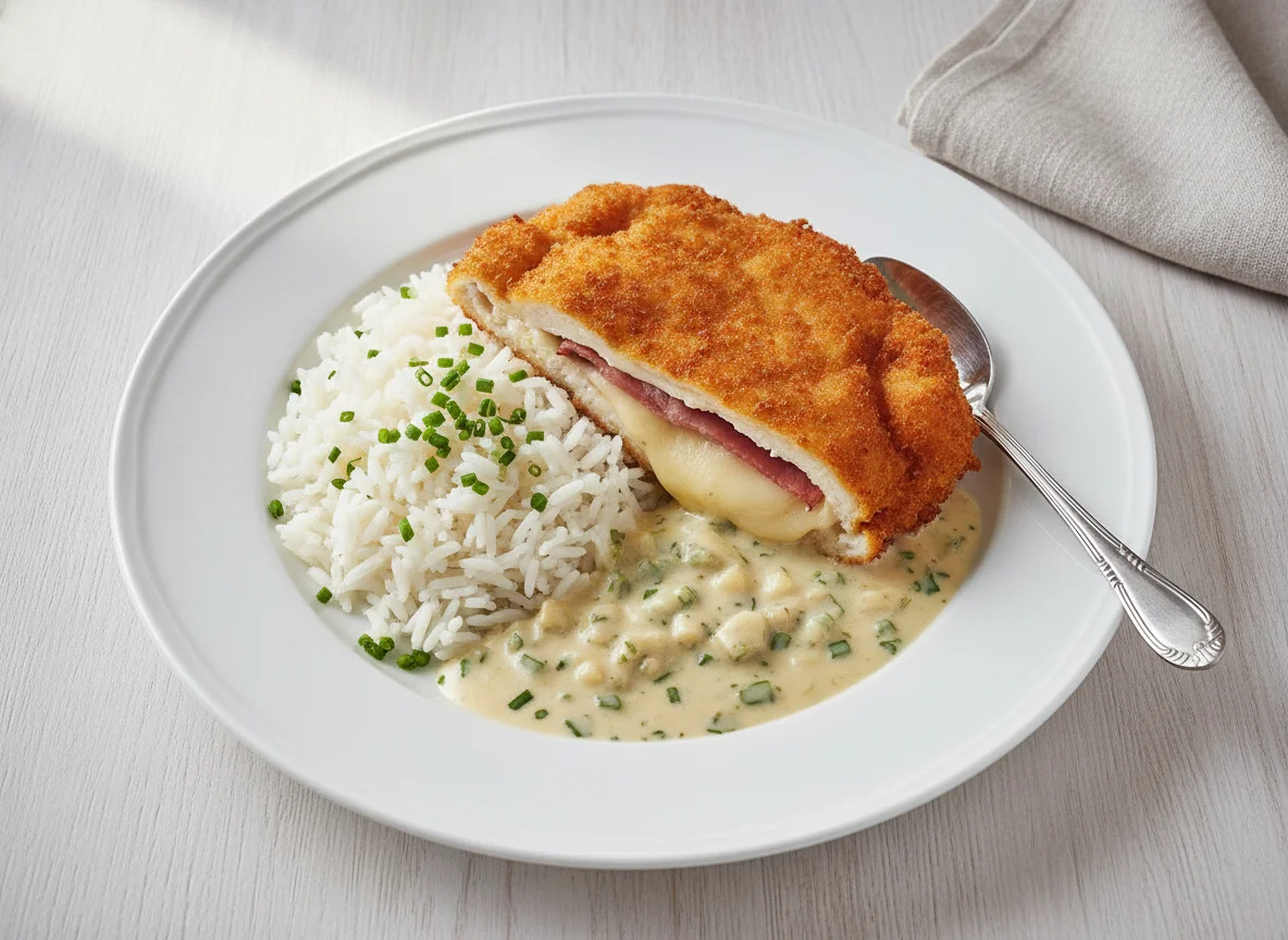 Cordon bleu mit Reis und Sauce photo