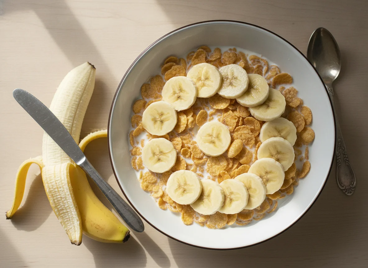 Cornflakes mit Banane und Milch photo