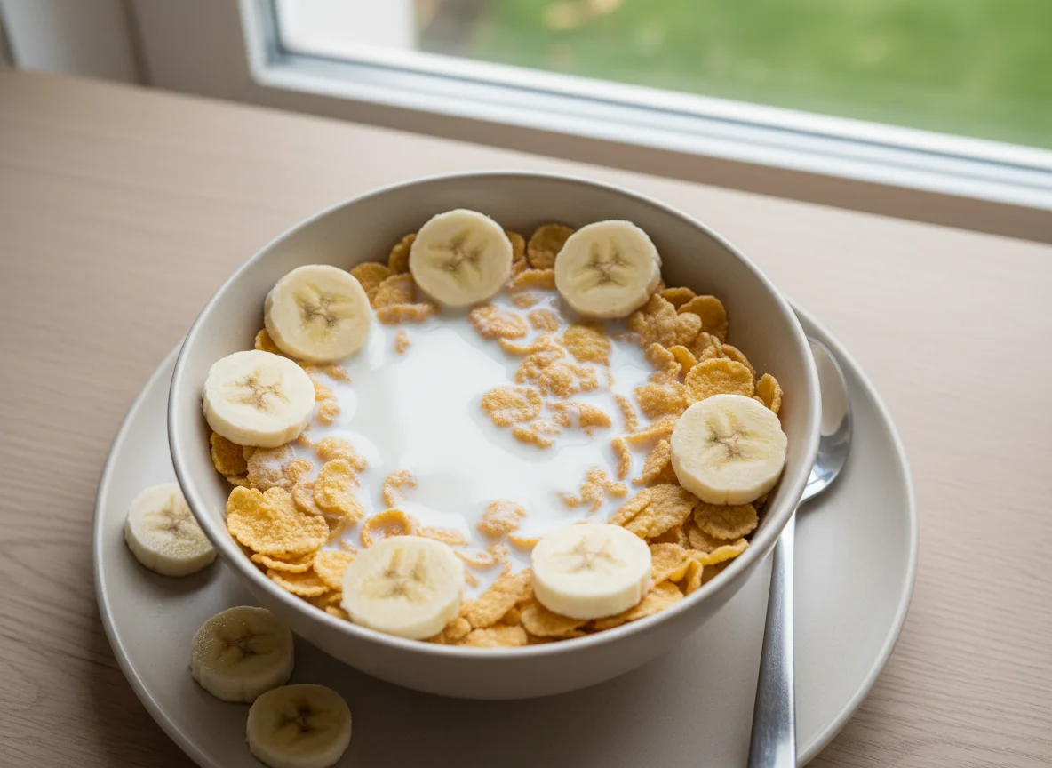 Cornflakes mit Milch und Banane photo