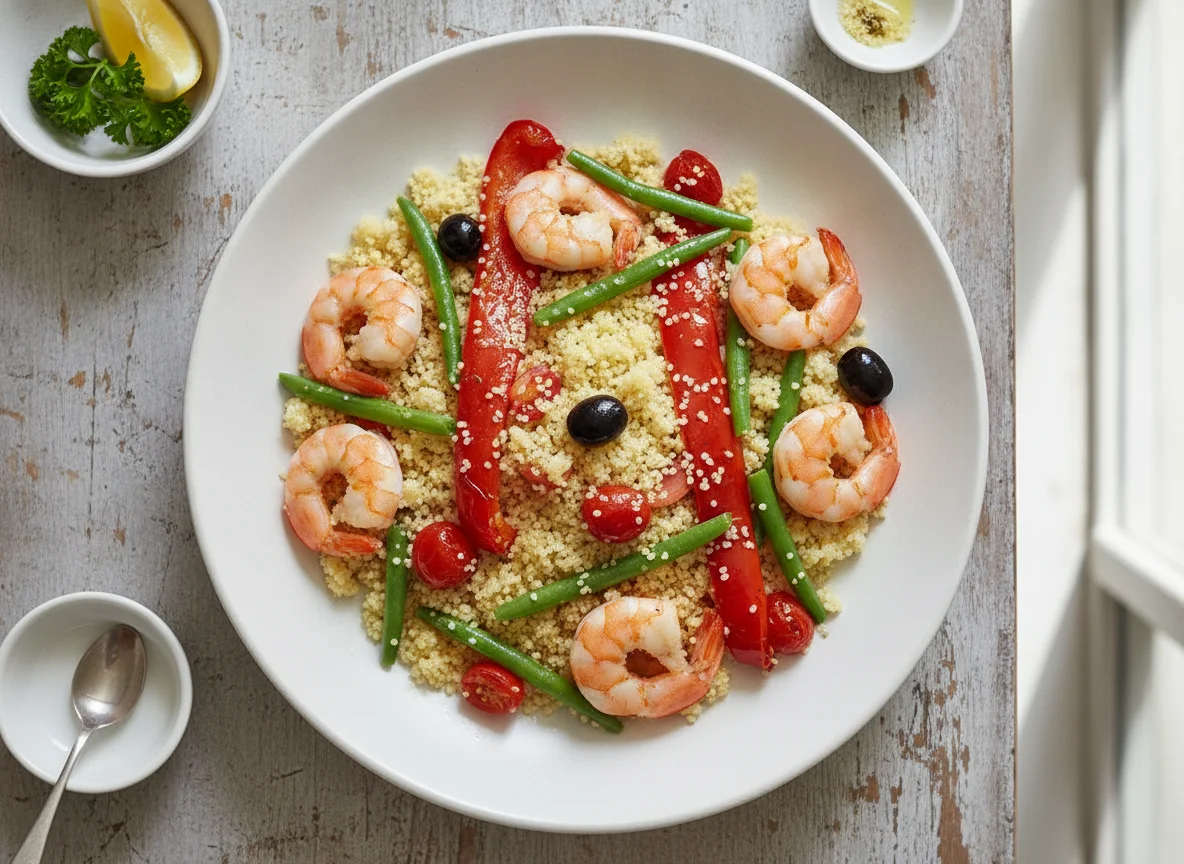 Couscous mit Garnelen, grünen Bohnen und Paprika photo