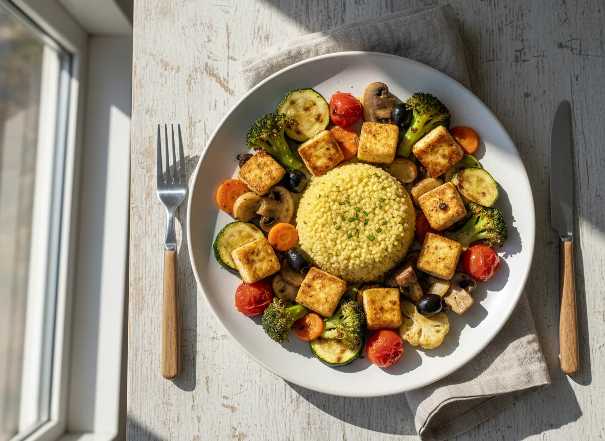 Couscous mit gebratenem Gemüse und Tofu photo