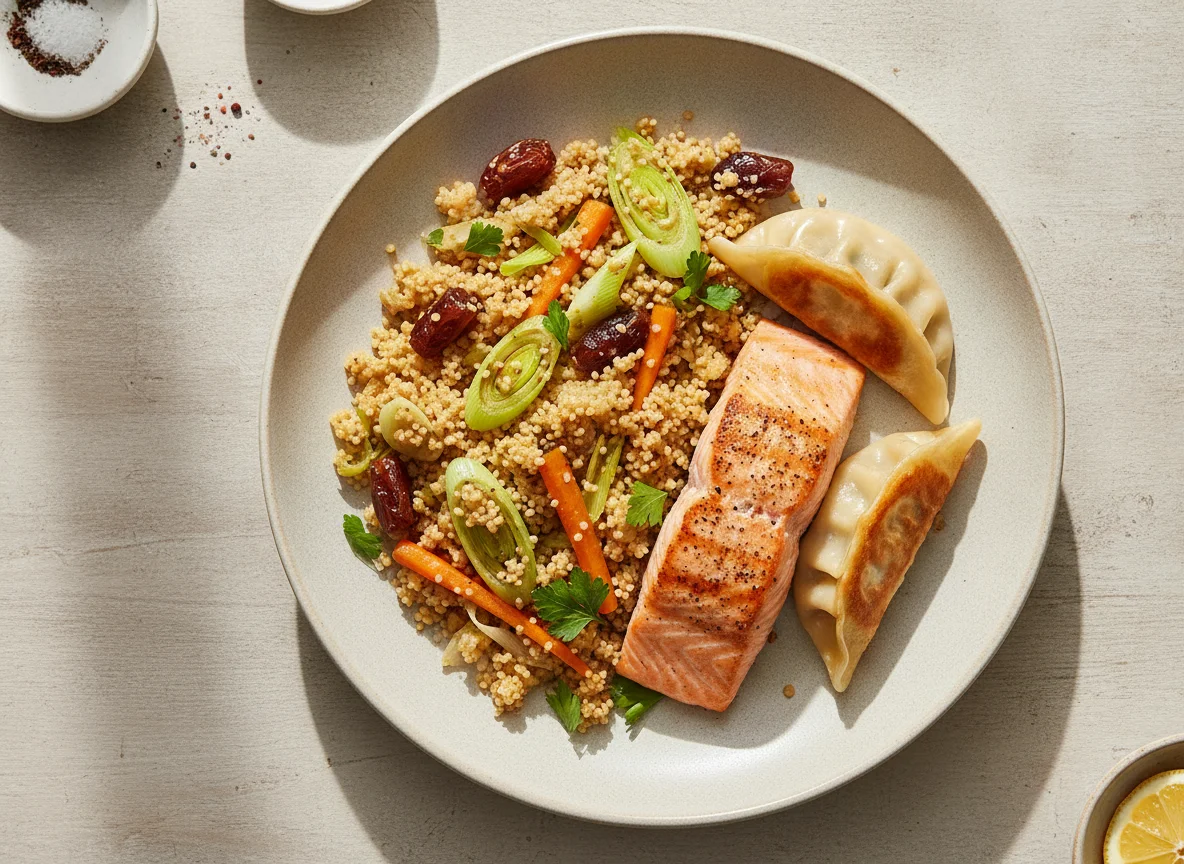 Couscous mit Gemüse, Lachs und Teigtasche photo
