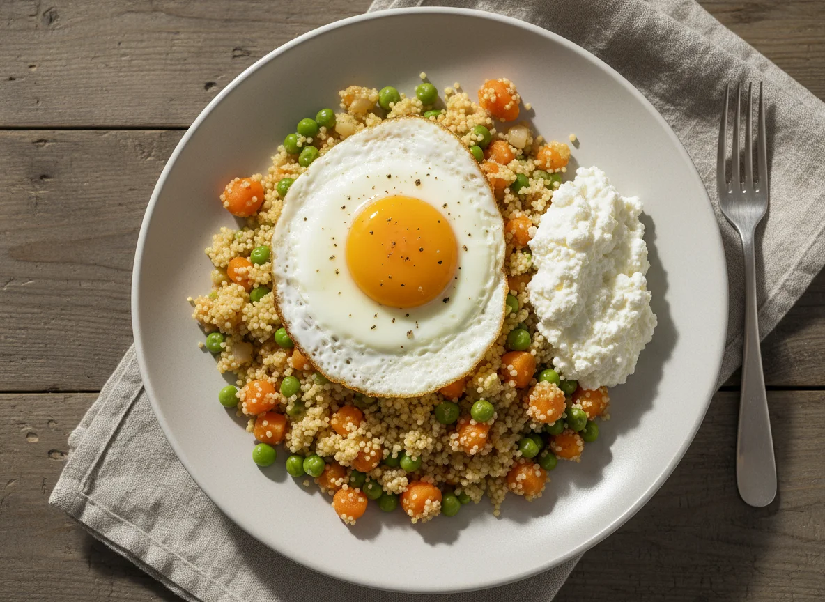 Couscous mit Gemüse, Spiegelei und Hüttenkäse photo